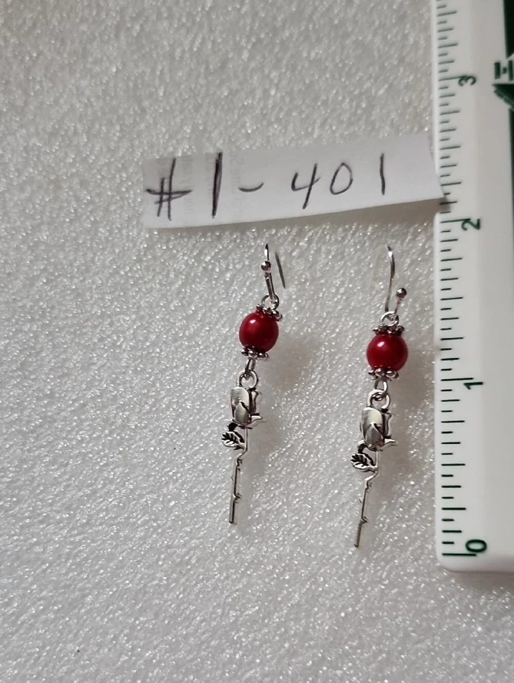 Hand Crafted Red Bead Silver Rose Dangle Earrings - Picture 2 of 3